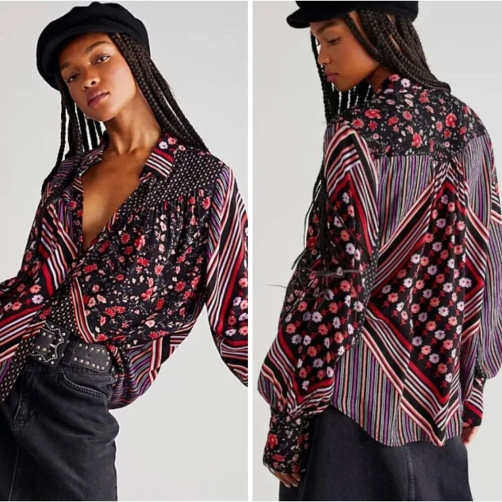 Free People Hazel Mixed Print Oversized Blouse Boho Dark Floral 70s Retro Sz L